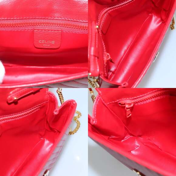 CELINE Chain Shoulder Bag Leather Red Gold - Picture 11 of 12